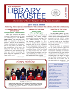 Front page of the New Hampshire Library Trustee newsletter featuring articles about award winners, a group holiday photo, and sections labeled President of the Year, Library of the Year, and Friends of the Year.