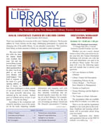 Thumbnail image of a newsletter titled Library Trustee with an audience attending a presentation shown on the cover. The layout features text columns and a main headline about annual conferences.