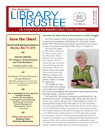 Newsletter titled Library Trustee, featuring a photo of an older woman in glasses speaking at a podium. The left column highlights dates and speakers for an upcoming library conference.