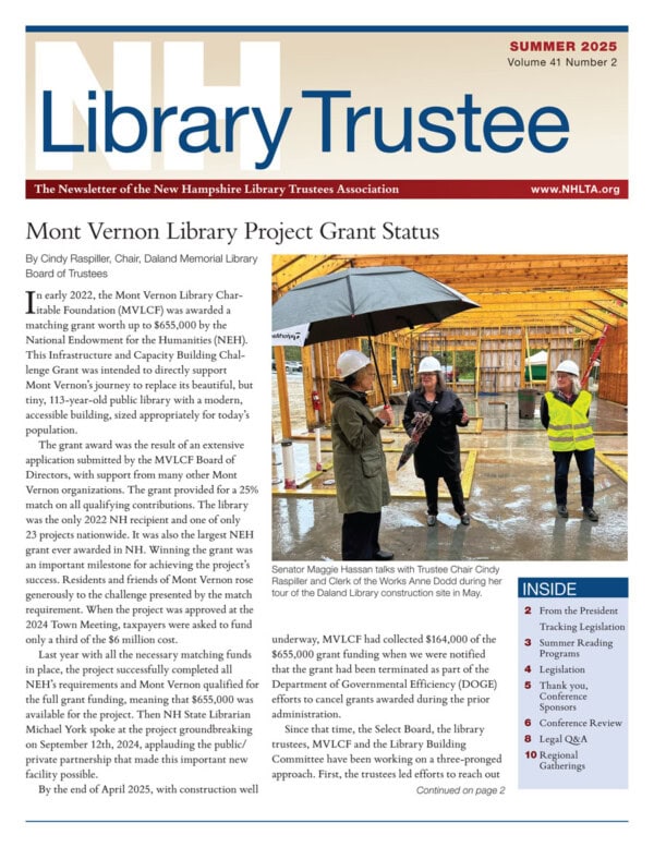 A newsletter page titled Library Trustee features an article about the Mont Vernon Library Project Grant, with a photo of four people in safety gear at a library construction site and a list of contents on the right.