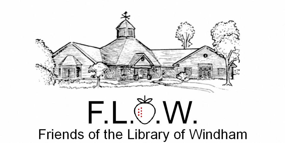 A black and white sketch of a library building with trees, above the text “F.L.O.W. Friends of the Library of Windham.” The “O” in FLOW is stylized as an apple with a stem and leaf.