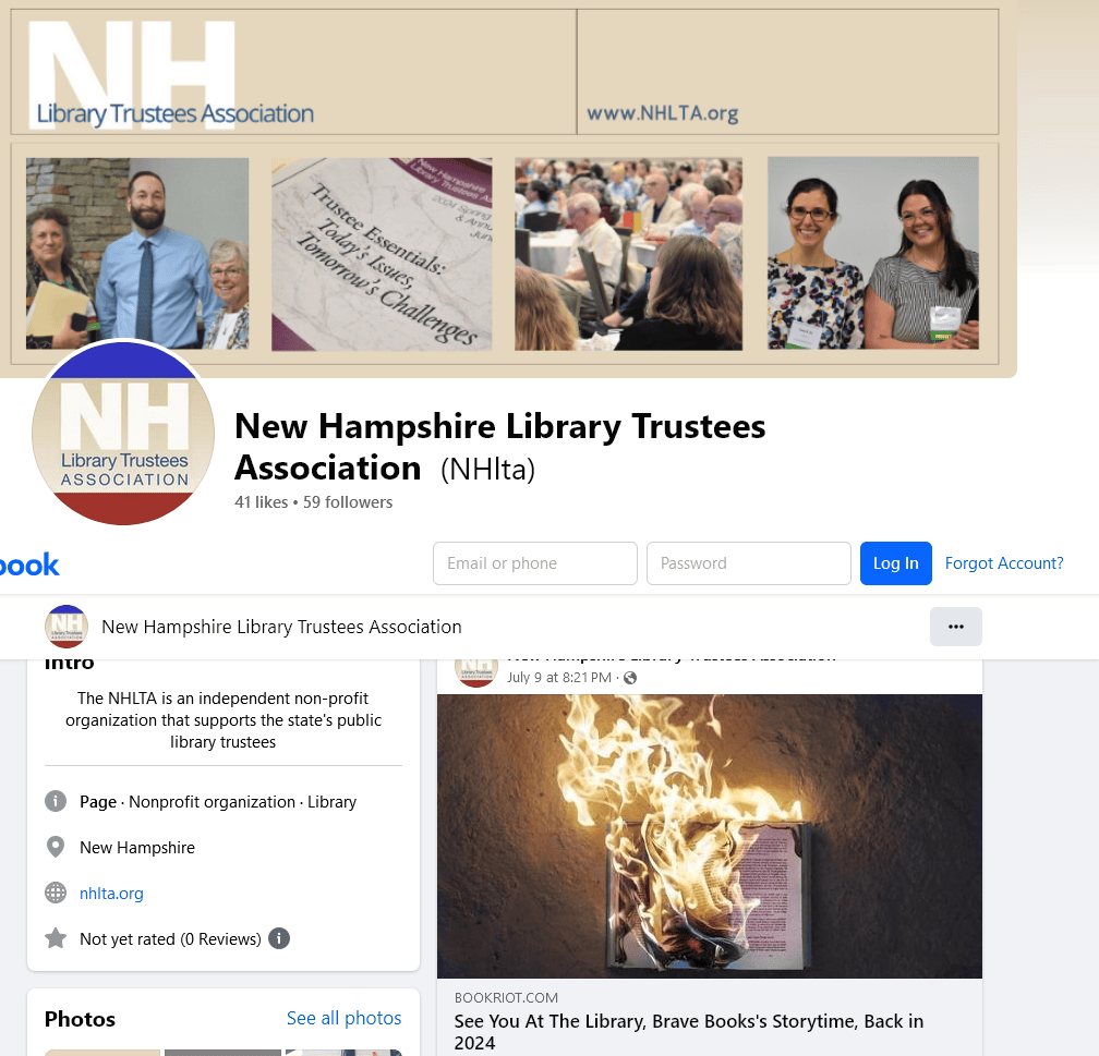 Screenshot of the New Hampshire Library Trustees Association Facebook page, featuring their logo, group photo, and a post with a burning book image titled See You At The Library, Brave Books’s Storytime, Back in 2024.